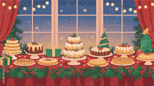 Variety of cakes and pies displayed on dessert table with holiday decor