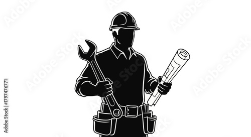 A black silhouette of a skilled worker, wearing a hard hat and tool belt, holding a wrench and blueprints, represents construction, engineering, and repair.