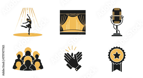 Performance Art and Entertainment Icons Set Ballet Stage Microphone Award