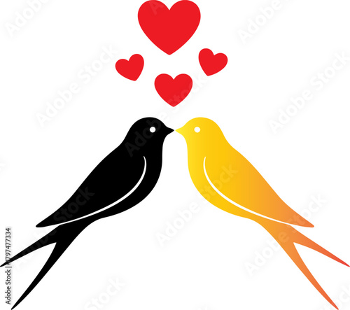 Two birds kissing with red hearts, symbolic of love and romance