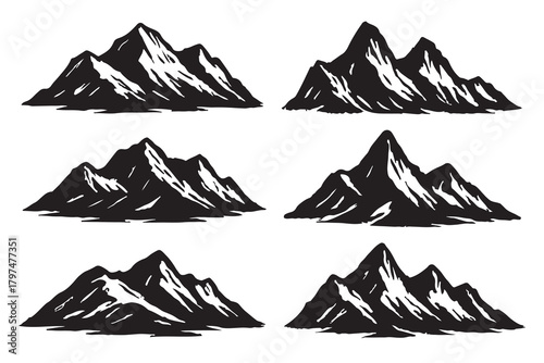 Collection of six detailed mountain range silhouettes isolated on white background