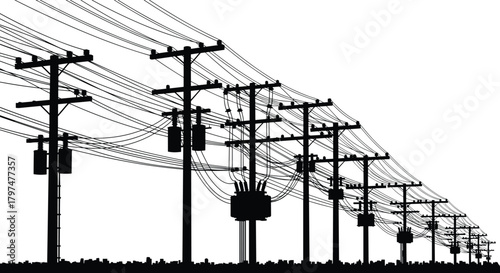 Silhouette illustration of multiple power line poles with electric wires creating complex infrastructure pattern across urban horizon, detailed utility network