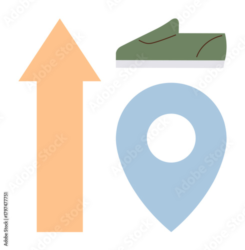 Upward arrow, location pin, and green shoe silhouette symbolizing direction, travel, or progress. Ideal for travel, fitness, goal-setting navigation outdoor activities guidance mobility. A simple