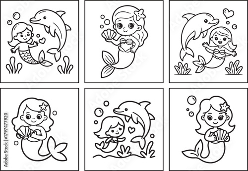 Beautiful little mermaid sea princess in underwater scenery coloring page bundle for kids black line art vector illustration set