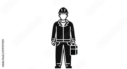 A clear black and white icon portrays a professional worker, equipped with a hard hat and toolbox, signifying essential skilled labor and technical service.