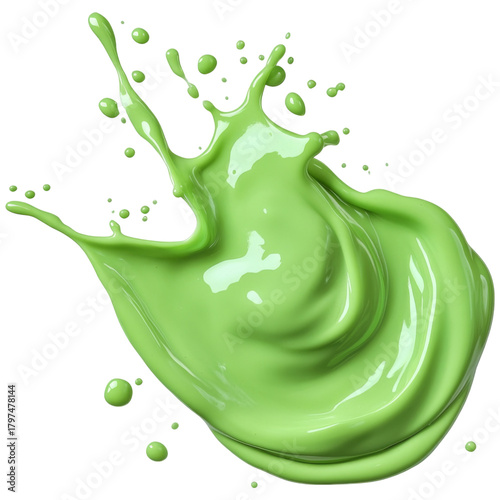 Green paint splash with glossy texture and dynamic motion, vibrant liquid spreading with droplets and smooth surface, energetic and fresh feeling