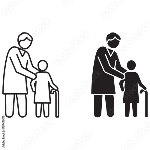 Adult Assisting Elderly Person with Walking Stick Icon