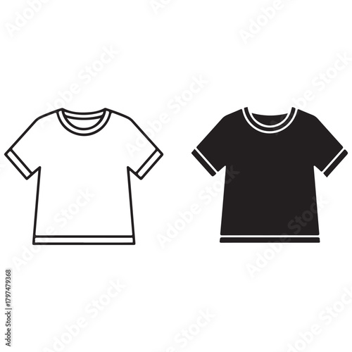 Two Simple T-Shirt Icons, Outline and Solid Black on White Background