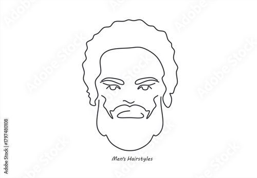 line drawing of adult man portrait with beard and mustache. Fashionable men's style vector illustration. line drawing. Editable stroke. 