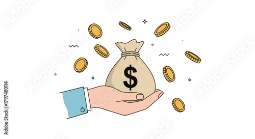 A hand holding a money bag with falling coins signifying financial success and investment growth.