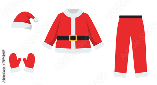 Festive Santa Claus costume with hat jacket pants and mittens for holiday celebrations.