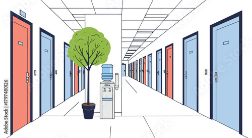 A long hallway with doors on either side and a water cooler and potted tree in the middle.