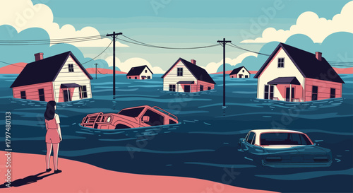 A solitary figure stands on the shore of a flooded neighborhood with homes submerged in dark blue water and cars partially underwater.