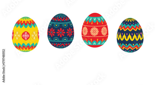 Four vibrantly decorated easter eggs in a row on a white background with abstract geometric patterns.