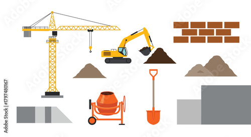 Construction site scene with heavy machinery building materials and equipment for urban development projects.