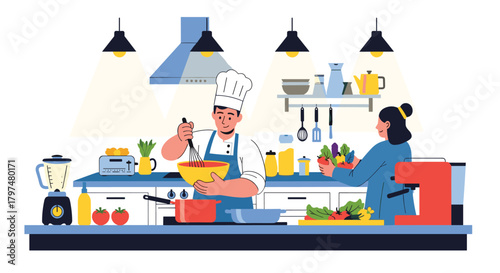 Two people are cooking together in a modern kitchen preparing a healthy meal.