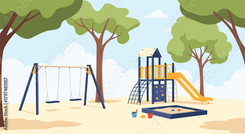 A vibrant park scene with swings a slide and a sandbox for children to play.