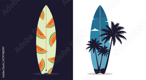 Two distinct surfboards showcasing vibrant summer designs and tropical scenery for an adventurous holiday.