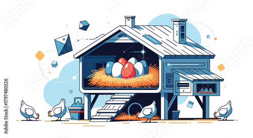 A charming depiction of a coop filled with colorful eggs surrounded by chickens and abstract shapes floating in the sky.