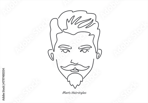 line drawing of adult man portrait with beard and mustache. Fashionable men's style vector illustration. line drawing. Editable stroke. 