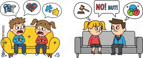 Cartoon illustration of children and adults communicating with conflict, problem solving, emotions, disagreement, argument, decision making, misunderstanding, and discussion concepts