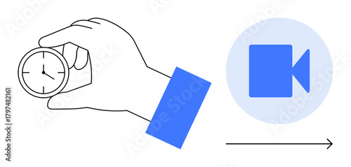Hand holding stopwatch beside video camera icon with arrow indicating progression. Ideal for time management, efficiency, workflow, productivity, video editing, deadlines, simple flat metaphor