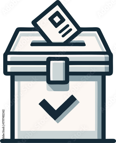 Minimal Ballot Box with Vote Paper and Checkmark Vector, Flat Election Voting
