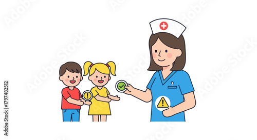 Cartoon Nurse Offering Medicine to Two Children with Smiling Faces.