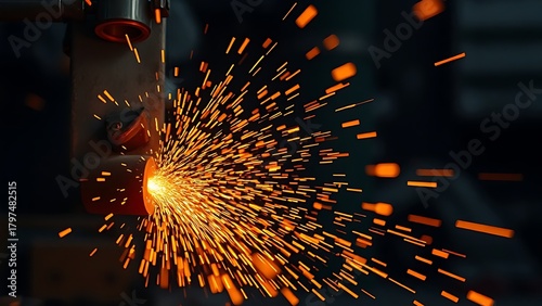 anvil. Dynamic industrial metalwork with glowing embers and abstract sparks in motion, capturing intense energy. safety posters.