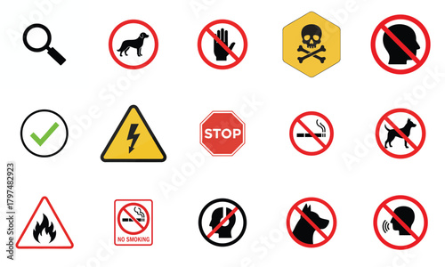 Collection of safety and warning signs and symbols