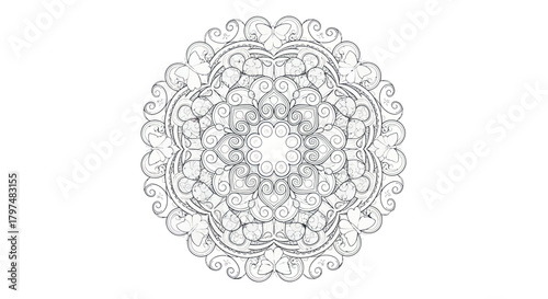 Intricate Symmetrical Circular Mandala Pattern Line Art Drawing.