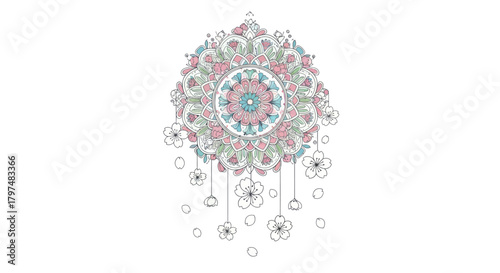 Ornate Pink and Blue Floral Mandala Dreamcatcher with Dangling Elements.