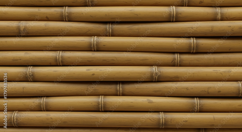 Fototapeta premium Closeup of horizontal yellowishbrown bamboo stalks stacked in parallel rows showcasing natural nodes and textures