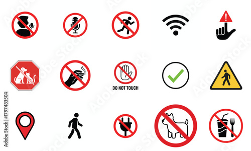 Collection of various warning and information signs and symbols