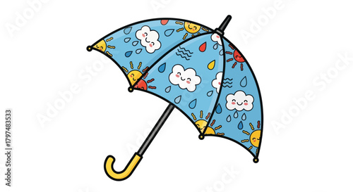 A cute cartoon umbrella with a light blue canopy featuring a fun pattern of smiling suns clouds and raindrops.