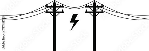 Silhouette illustration of utility power poles with overhead electrical cables and lightning symbol representing electricity, voltage, energy transmission and power infrastructure concept