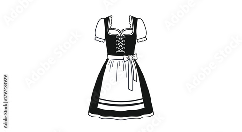 Traditional Black and White Dirndl Dress Illustration.
