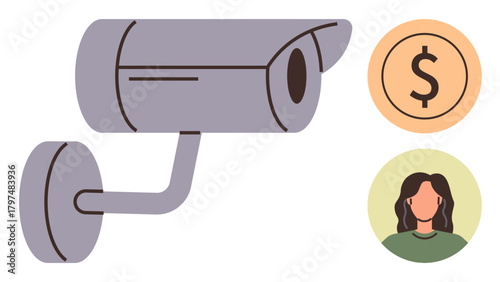 Large surveillance camera alongside a dollar sign and a human profile. Ideal for privacy, security, monitoring, technology, economics, safety, personal data. A simple flat metaphor