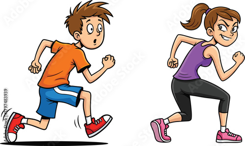 Energetic cartoon boy and woman running in athletic outfits, fun fitness illustration showing active lifestyle, exercise movement, and healthy outdoor activity