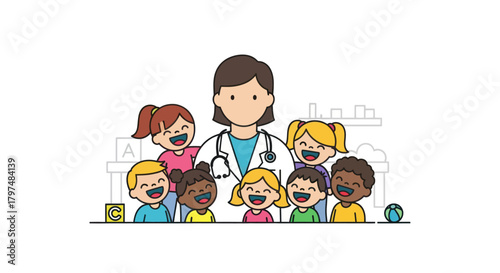 Cartoon illustration of a female pediatrician with a diverse group of happy children.