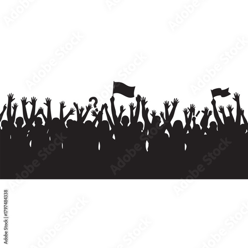Abstract silhouette vector illustration of a crowd of people dancing and holding hands at a fun concert party