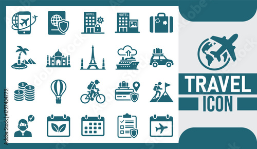 Comprehensive Travel Icon Collection Showcasing Global Tourism, Adventure Exploration, Transportation, and Vacation Lifestyle Concepts