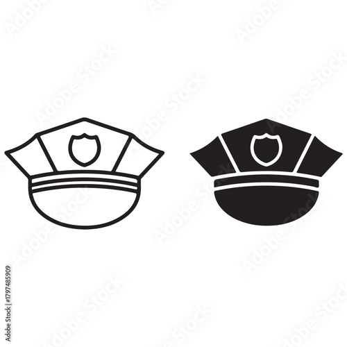 Police Officer Cap Icon Set in Outline and Solid Styles