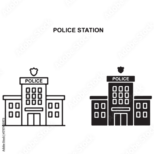 Police Station Building Icon in Outline and Solid Glyph Styles
