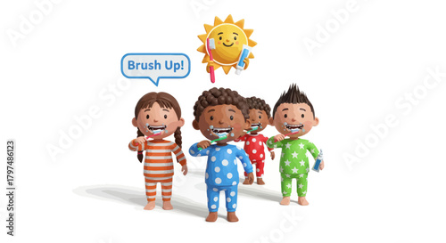 Cheerful cartoon children in pajamas brushing teeth with a smiling sun.