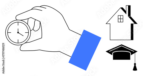 Hand holding a clock beside a house and graduation cap, symbolizing time prioritization for career, education, housing, planning, personal growth, achievement, and life balance. Simple flat metaphor