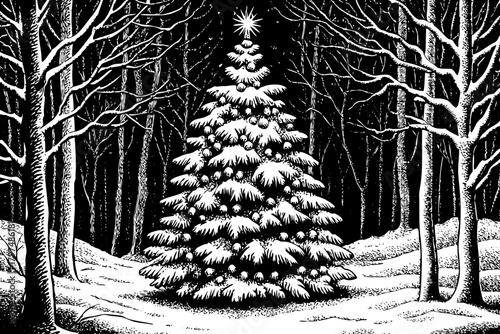 decorated Christmas tree stands alone in a snowy forest clearing, glowing warmly against cold white surroundings and creating magical winter contrast