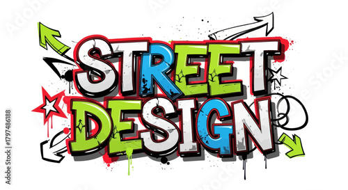 Colorful Street Design Graffiti Art with Arrows and Stars.