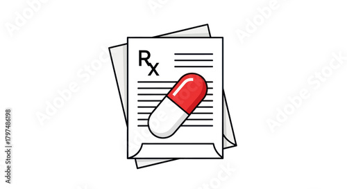 Prescription with Capsule: Medical Rx Form with Red and White Pill.
