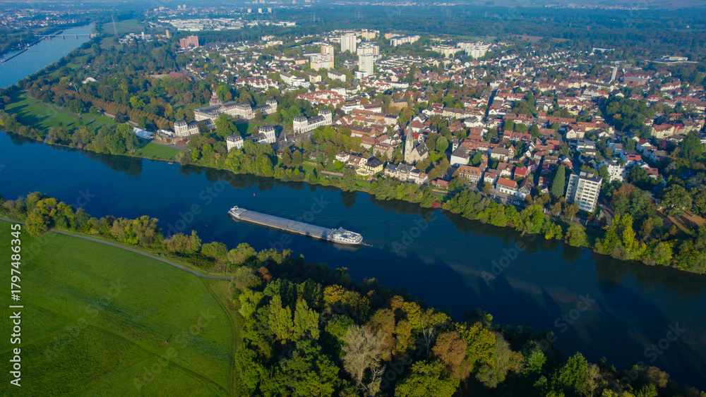 Fototapeta premium Aerial panorama view of the city Hanau in Germany on a sunny morning in autumn, fall.